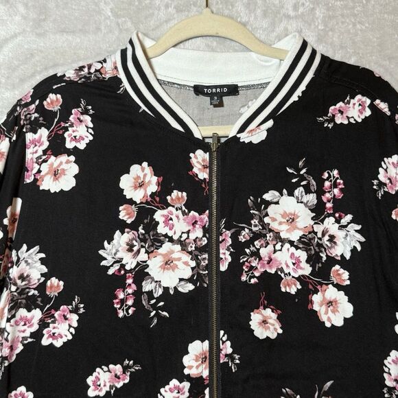 Torrid Black Pink Floral Bomber Jacket Full Zip Long Sleeve Women's Plus Size 3X - Picture 3 of 14